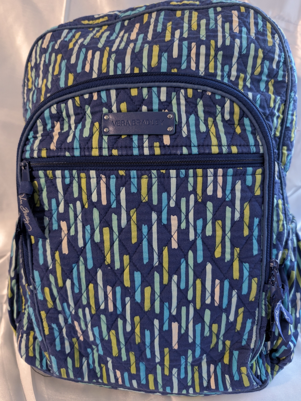 Vera Bradley Retired Navy Quilted Backpack with Blue and Green Geometric Print